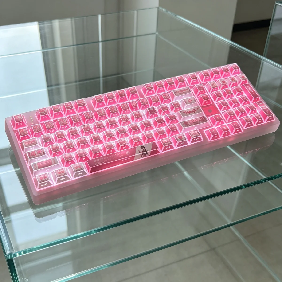 Artistic EVA Mari Makinami silhouette 130-key PBT keycap set, featuring vibrant side-lit Cherry profile legends for a unique Evangelion theme.