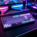 Evangelion Unit-01 PBT keycaps set displayed from an artistic angle, highlighting the dynamic translucent side-printed legends and angular EVA-01 design.