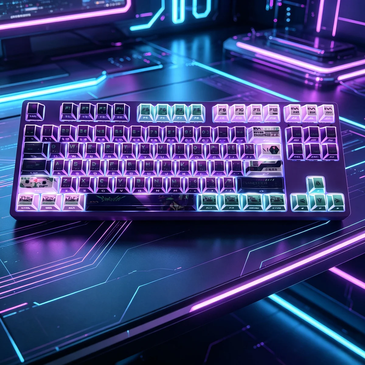 Dynamic side view of Evangelion Unit-01 PBT keycaps set, showcasing the angular translucent design and crisp side-printed legends.