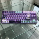 Artistic gallery views of the iconic Evangelion Unit-01 Angular Translucent Side-Print PBT Keycap Set, highlighting its dynamic design from multiple angle.