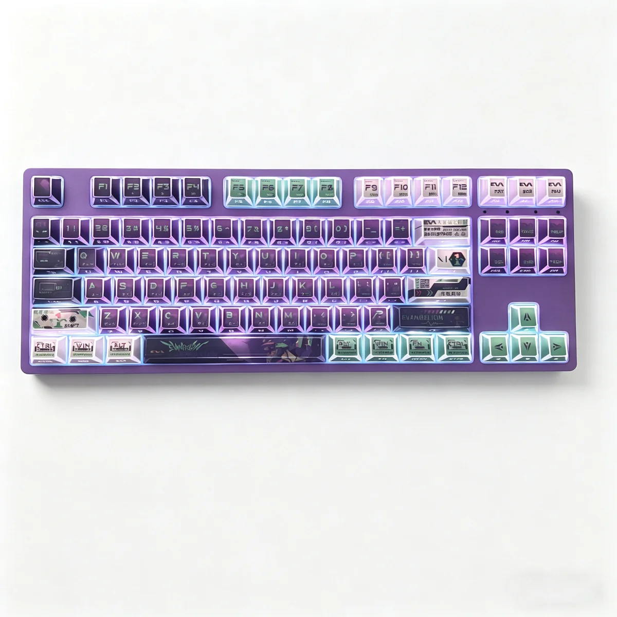 Dynamic views of the iconic Evangelion Unit-01 Keycap Set, showcasing its angular translucent PBT design and crisp side-printed legends from various angle.