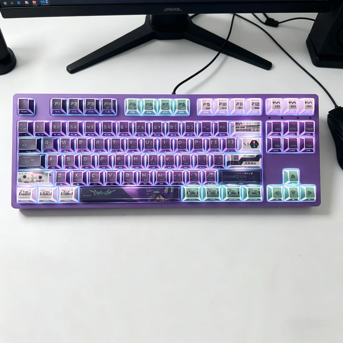 Evangelion Unit-01 Keycap Set, showcasing its iconic angular design and translucent side-print PBT. A dynamic, artistic display of crisp legends.