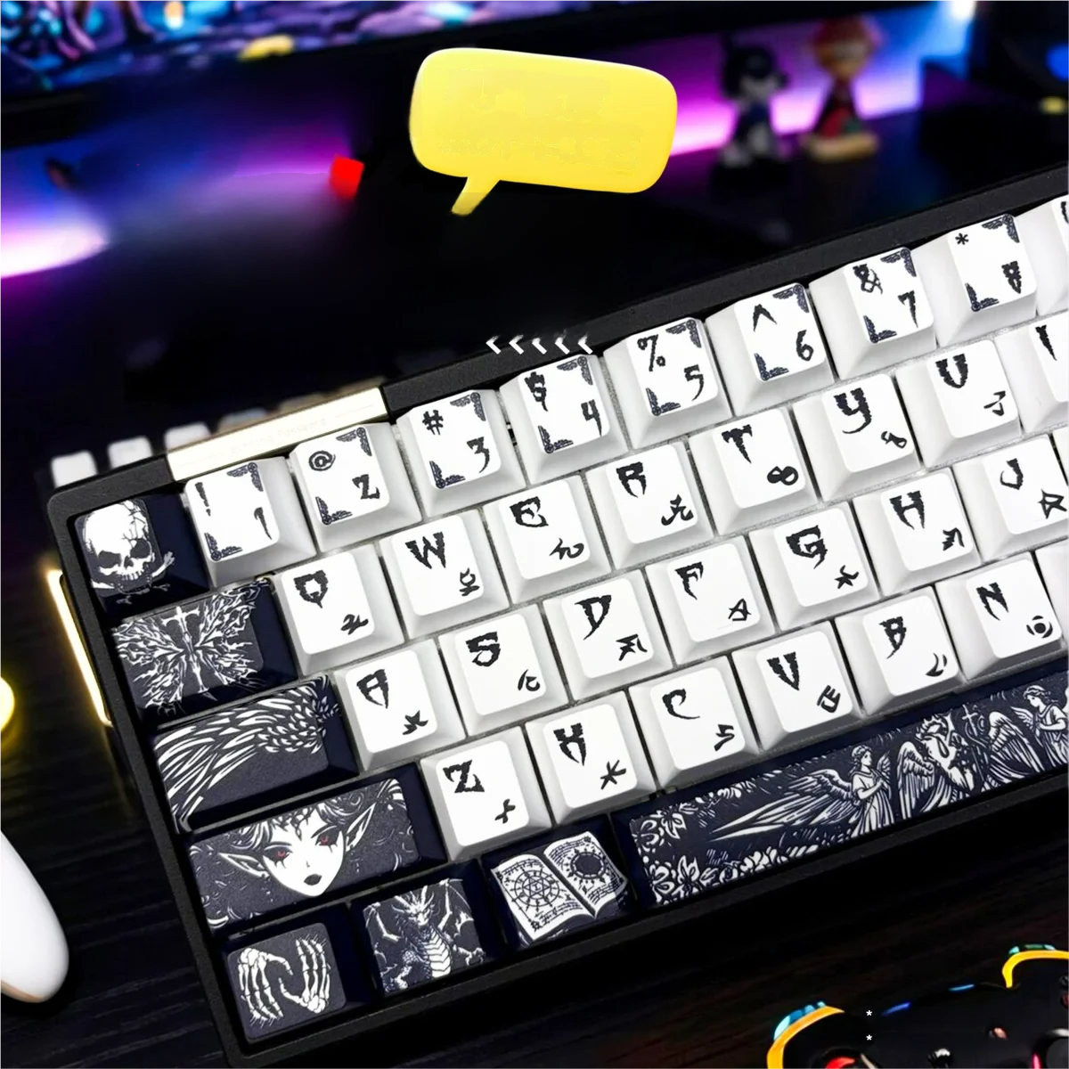 Fallen Angel keycaps set in a detailed product gallery, showcasing the unique ethereal dark fantasy design and gothic-inspired angelic motifs from various angle.