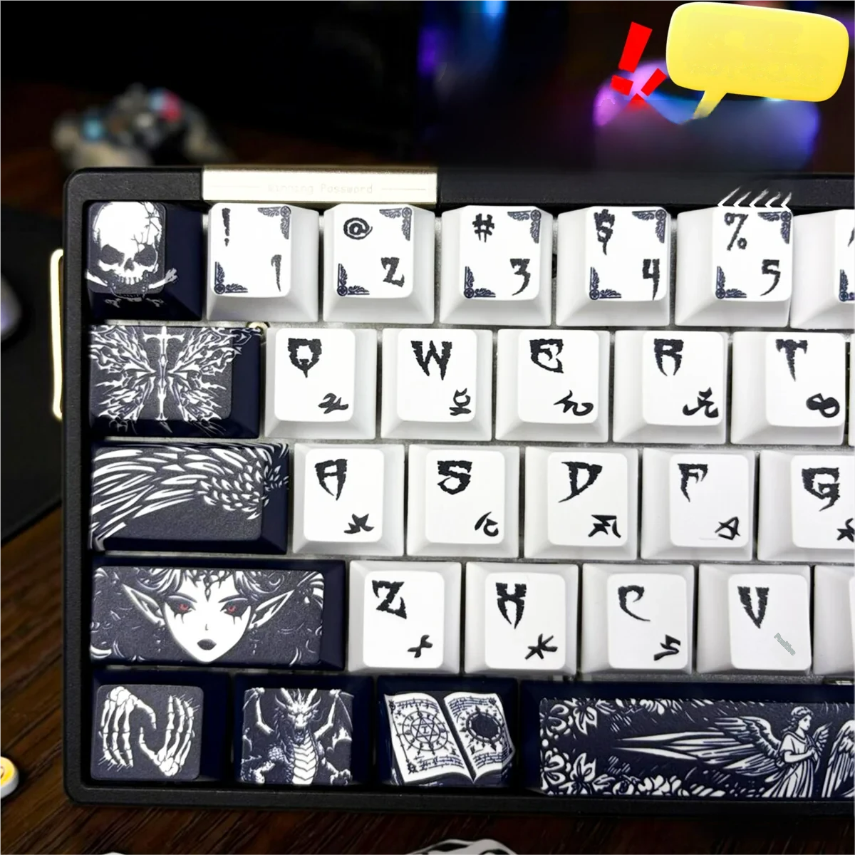 Close-up of the unique Fallen Angel keycaps set, showcasing multiple ethereal, gothic-inspired designs and mysterious angelic motifs from various angle.