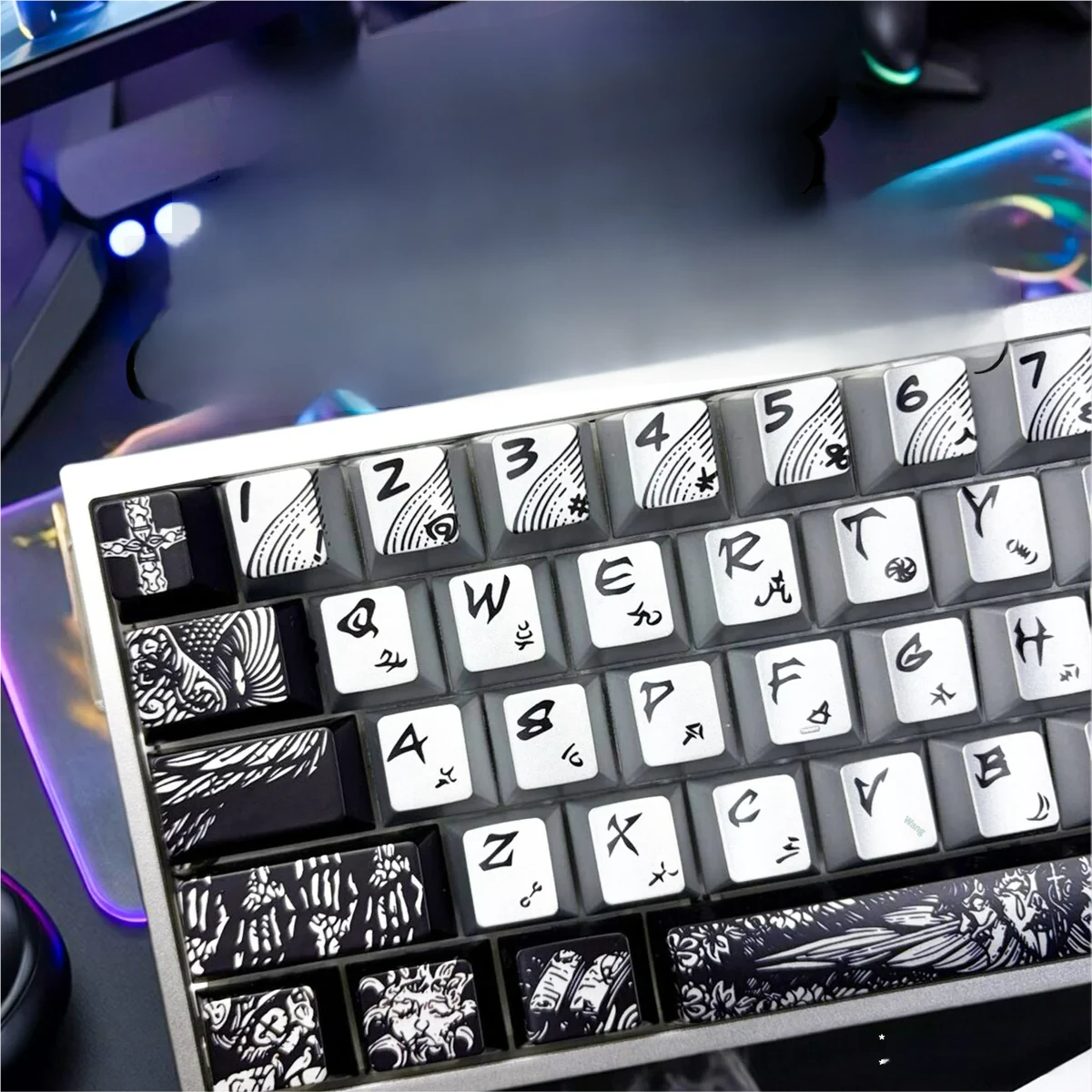 Distinctive Fallen Angel metallic paint artistry keycap set, showcasing its dark, ethereal motif and striking metallic paint finish, exuding dark elegance.
