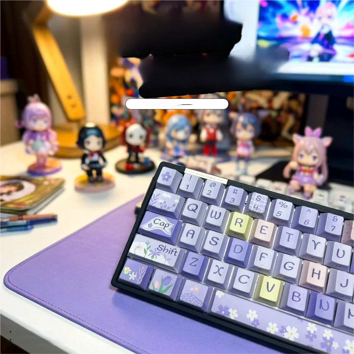 Artistic close-up of the Vibrant Floral World Backlit Keycap Set, showcasing intricate garden patterns and translucent legends ready for stunning backlight.