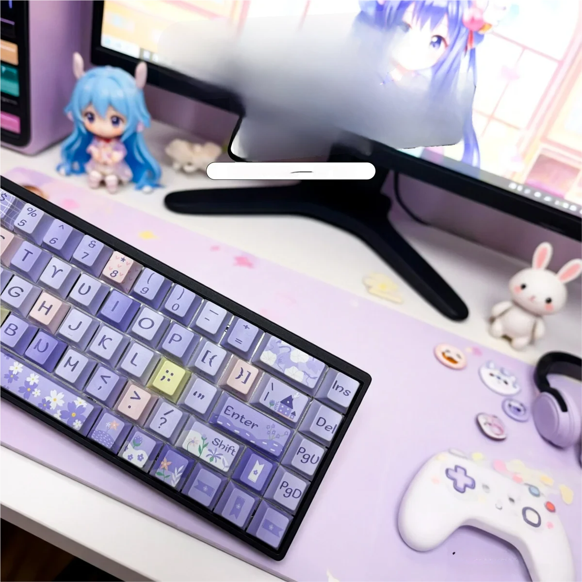 Vibrant floral World backlit keycap set displayed from multiple angles, highlighting intricate garden patterns and translucent legends for stunning keyboard.