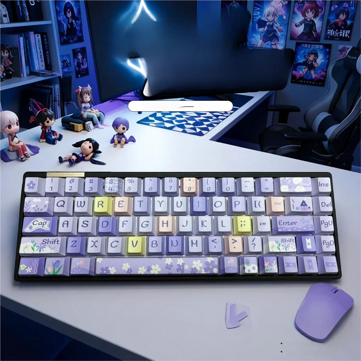 Close-up of a Vibrant Floral World Backlit Keycap Set, showcasing intricate garden patterns and translucent legends, perfect for a stunning keyboard backlit.