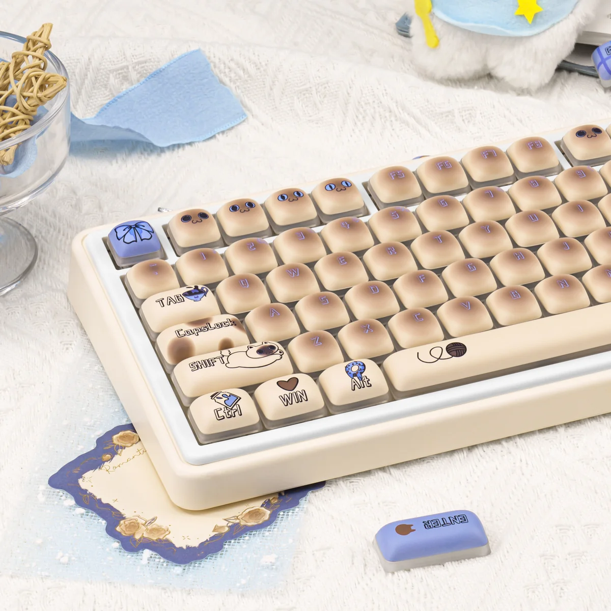 A close-up view of the playful Gas Tank Keycaps Set, showcasing their durable PBT material and unique retro gas can design from multiple angles.
