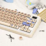 Playful gas Tank keycaps set, vibrant and unique, showcasing their retro design, durable PBT material, and ergonomic MOG profile from a dynamic angle.