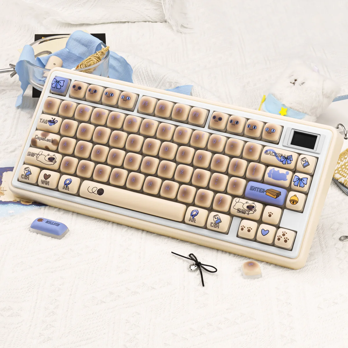 Playful gas Tank keycaps set on a keyboard, showcasing their unique retro design and durable PBT MOG profile with bold, whimsical colors.