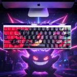 Multiple views of Gengar Crimson PBT side-lit keycap set, showcasing the iconic dark Gengar silhouette with vibrant crimson flames. Durable for gaming.