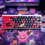Gengar Crimson PBT side-lit keycap set from various angles, highlighting the mischievous Gengar silhouette with fiery crimson glow, durable for playful design.