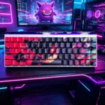 Gengar Crimson PBT Side-Lit Keycap Set, with iconic Gengar silhouettes, vibrant crimson flames, and durable side-lit PBT for playful Pokemon gaming.