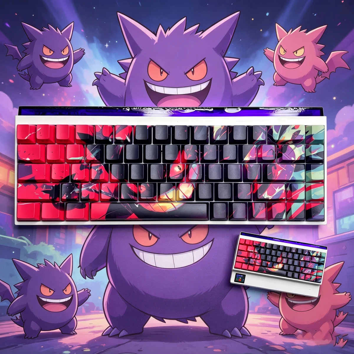 Playful Gengar Keycap Set main image, showing iconic Gengar engulfed in vibrant crimson flames, highlighting fiery PBT and side-lit durability for gaming setup.