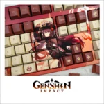 Vibrant Genshin Impact Hu Tao keycap set, showcasing exclusive character art, ghostly motifs, and signature colors from multiple artistic angles.