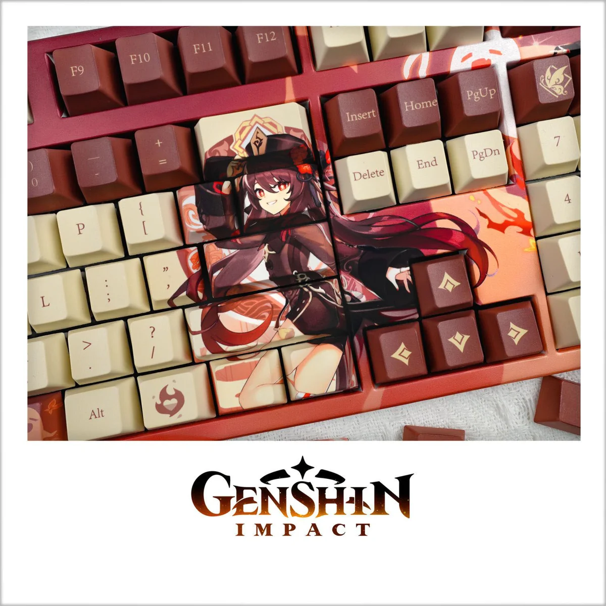 Vibrant Genshin Impact Hu Tao keycap set, showcasing exclusive character art, ghostly motifs, and signature colors from multiple artistic angles.