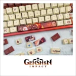 Genshin Impact Hu Tao keycap set, displaying its exclusive vibrant character art, ghostly motifs, and signature artistic color palette from multiple angle.