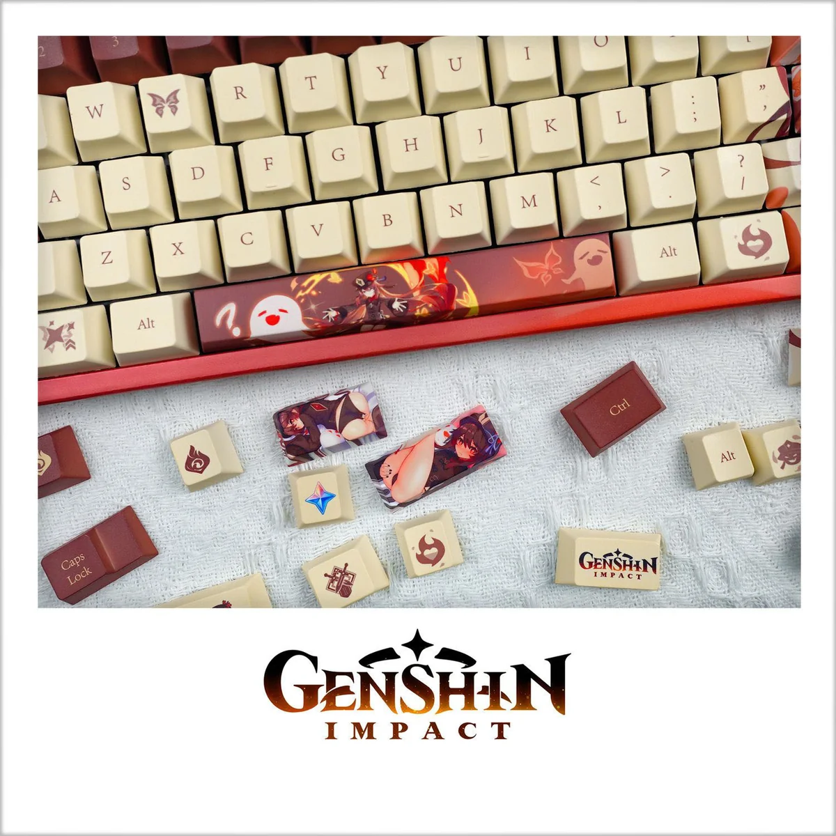 Genshin Impact Hu Tao keycap set, displaying its exclusive vibrant character art, ghostly motifs, and signature artistic color palette from multiple angle.