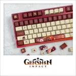 An artistic gallery of the exclusive Genshin Impact Hu Tao keycap set, showcasing vibrant character art and ghostly motifs from multiple angles.