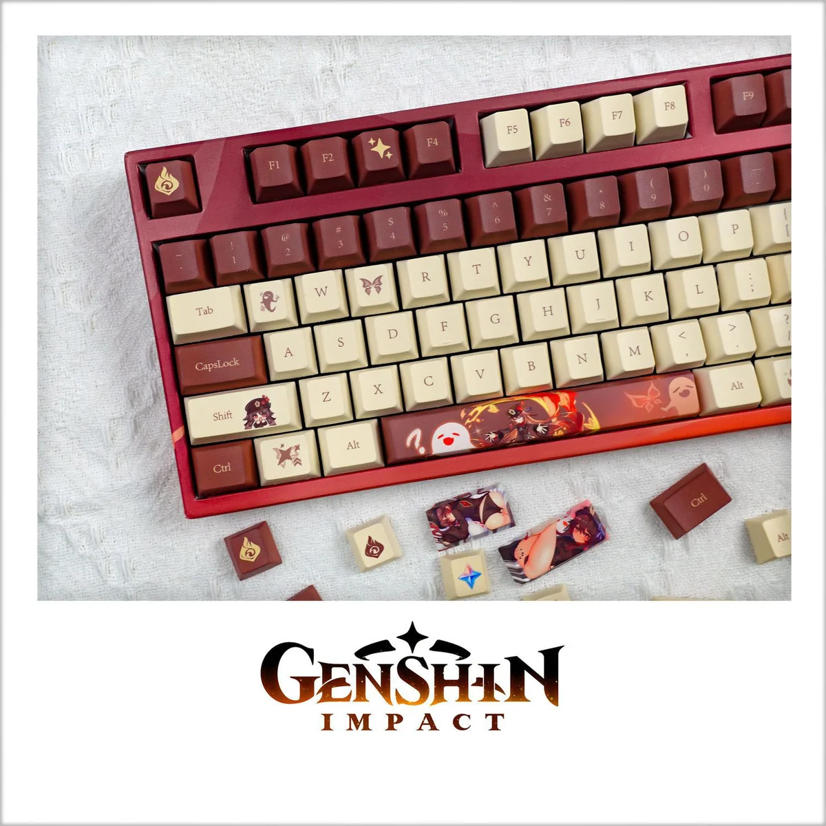 An artistic gallery of the exclusive Genshin Impact Hu Tao keycap set, showcasing vibrant character art and ghostly motifs from multiple angles.