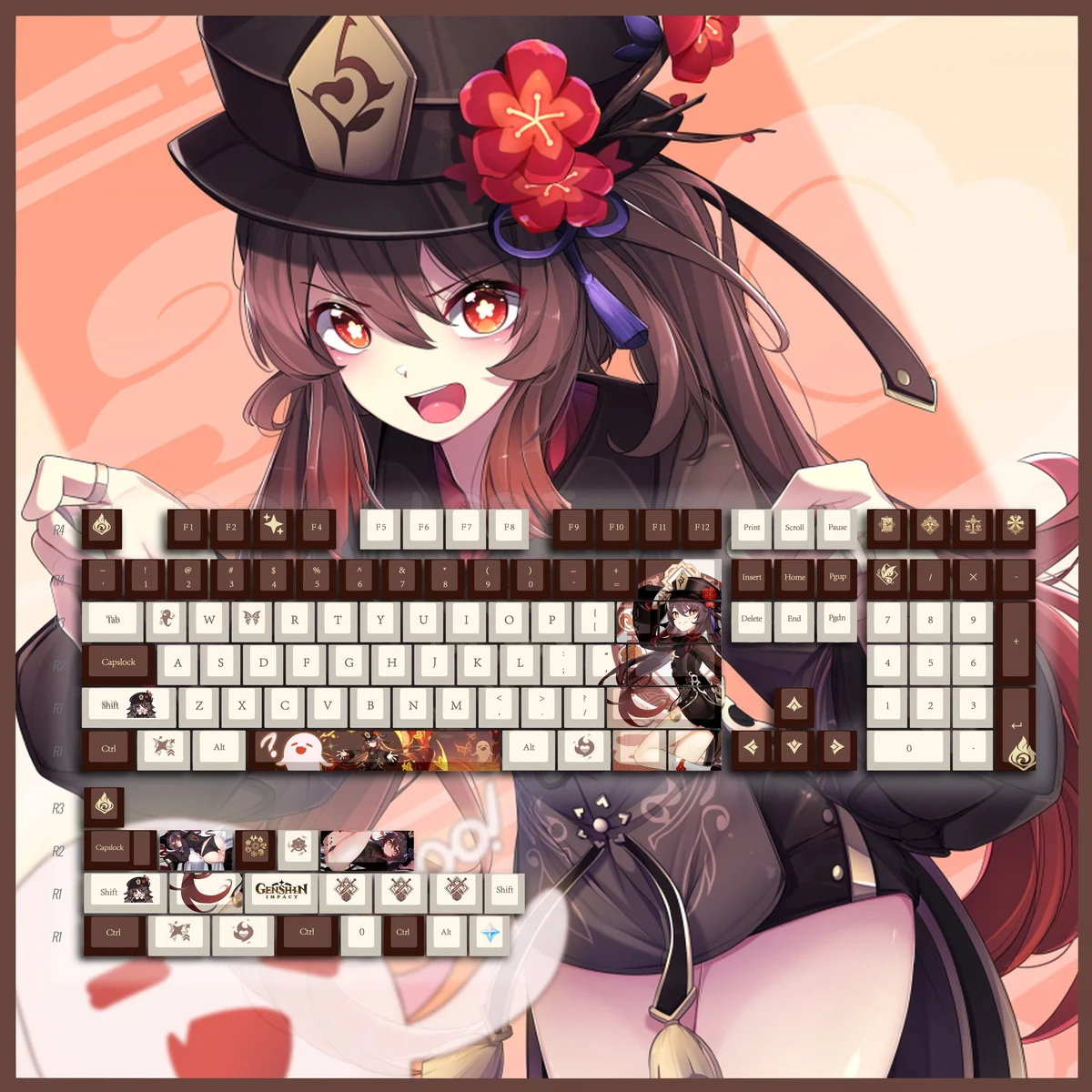 Close-up of the exclusive Genshin Impact Hu Tao keycap set, showcasing vibrant character art, ghostly motifs, and signature colors from multiple artistic angle.
