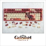 Exclusive Genshin Impact Hu Tao keycaps set, showcasing vibrant character art and ghostly motifs in her signature palette, designed for fans.