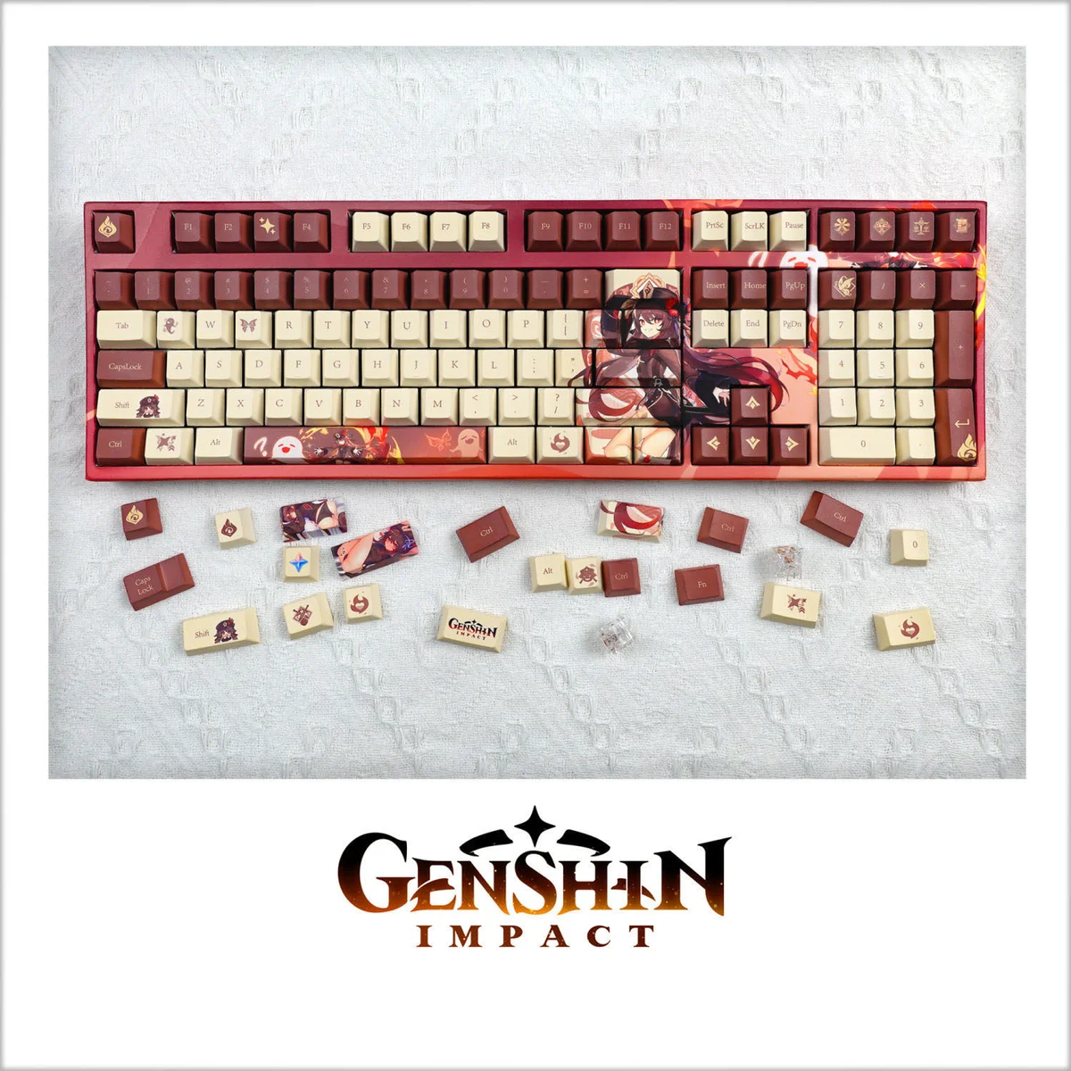 Exclusive Genshin Impact Hu Tao keycaps set, showcasing vibrant character art and ghostly motifs in her signature palette, designed for fans.