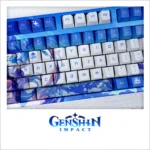 Genshin Impact Kokomi PBT Cherry keycap set, featuring vibrant pastel hues, intricate character art, and serene aquatic designs from various angles.
