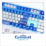 Genshin Impact Kokomi PBT Cherry Keycap Set. A detailed view showcasing the vibrant pastel hues and intricate character art, evoking a serene aquatic design.