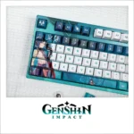 Detailed views of exclusive Genshin Impact Xiao PBT keycaps set, showcasing vibrant character art, ethereal game iconography, and premium artistic finish.