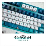 Detailed view of the exclusive Genshin Impact Xiao PBT keycap set, displaying vibrant character art and ethereal game iconography from a distinct angle.