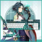 Exclusive Genshin Impact Xiao PBT keycaps set, vibrant character art and ethereal game iconography. A unique angle reveals premium detail.