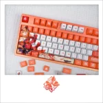 Exclusive Genshin Impact Yoimiya keycaps set, vibrant with character art and festive Inazuma fireworks, meticulously shown from various angles.