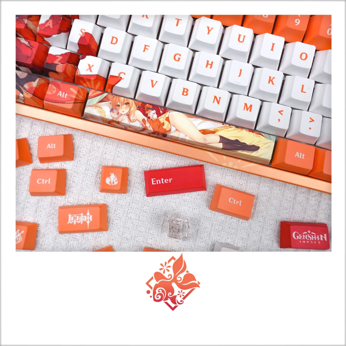 Vibrant close-up of the exclusive Genshin Impact Yoimiya keycaps set, showcasing intricate character art and festive Inazuma fireworks, ideal for fans.