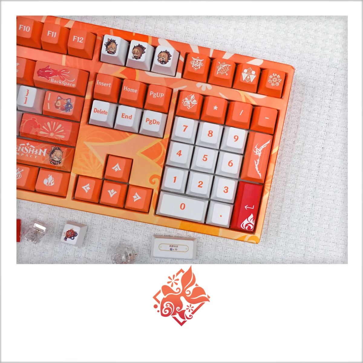 Vibrant Yoimiya Genshin Impact keycaps set, showcasing exclusive character art, festive fireworks, and Inazuma elements from multiple artistic angles.