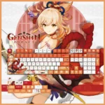 Vibrant Yoimiya Genshin Impact keycaps set, featuring festive Inazuma fireworks art and intricate character details, shown from a dynamic angle.