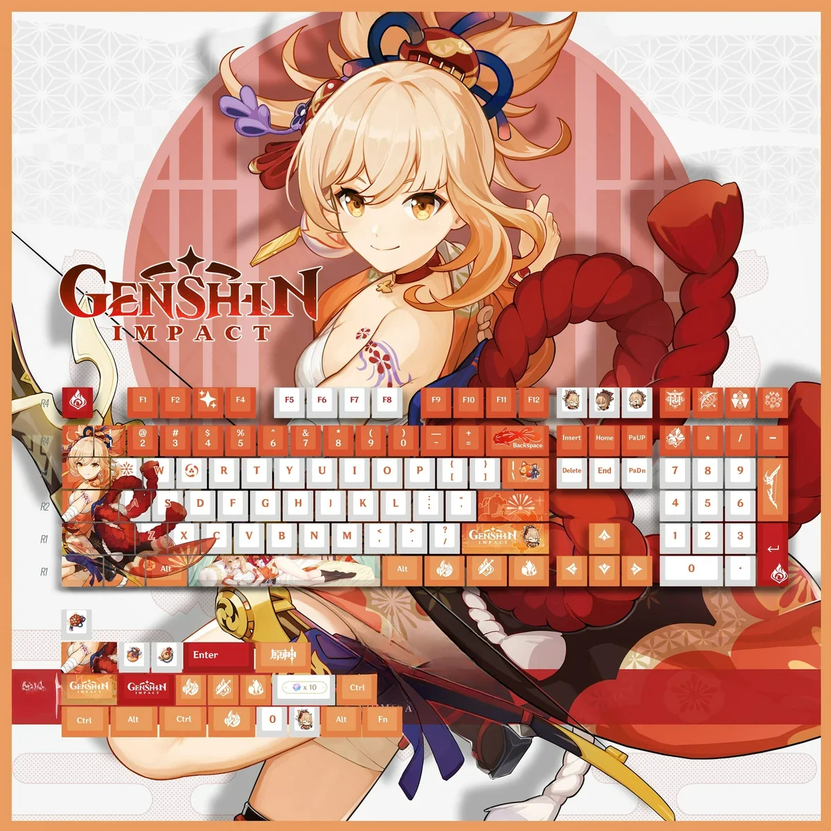 Vibrant Yoimiya Genshin Impact keycaps set, featuring festive Inazuma fireworks art and intricate character details, shown from a dynamic angle.
