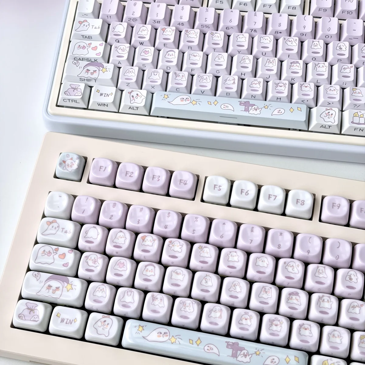 Whimsical translucent PBT Ghost Haha keycaps set in an ethereal design, showcasing their playful design and dreamy glow from a unique angle.