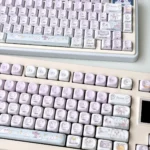 Whimsical Ghost Haha keycap set, translucent PBT, glowing with ethereal light purple. This playful design adds a dreamy touch to mechanical keyboards.