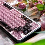 Transparent PC Black Pink Graffiti Keycap Set, featuring edgy street art on translucent keys, shown from various angles for a modern look.
