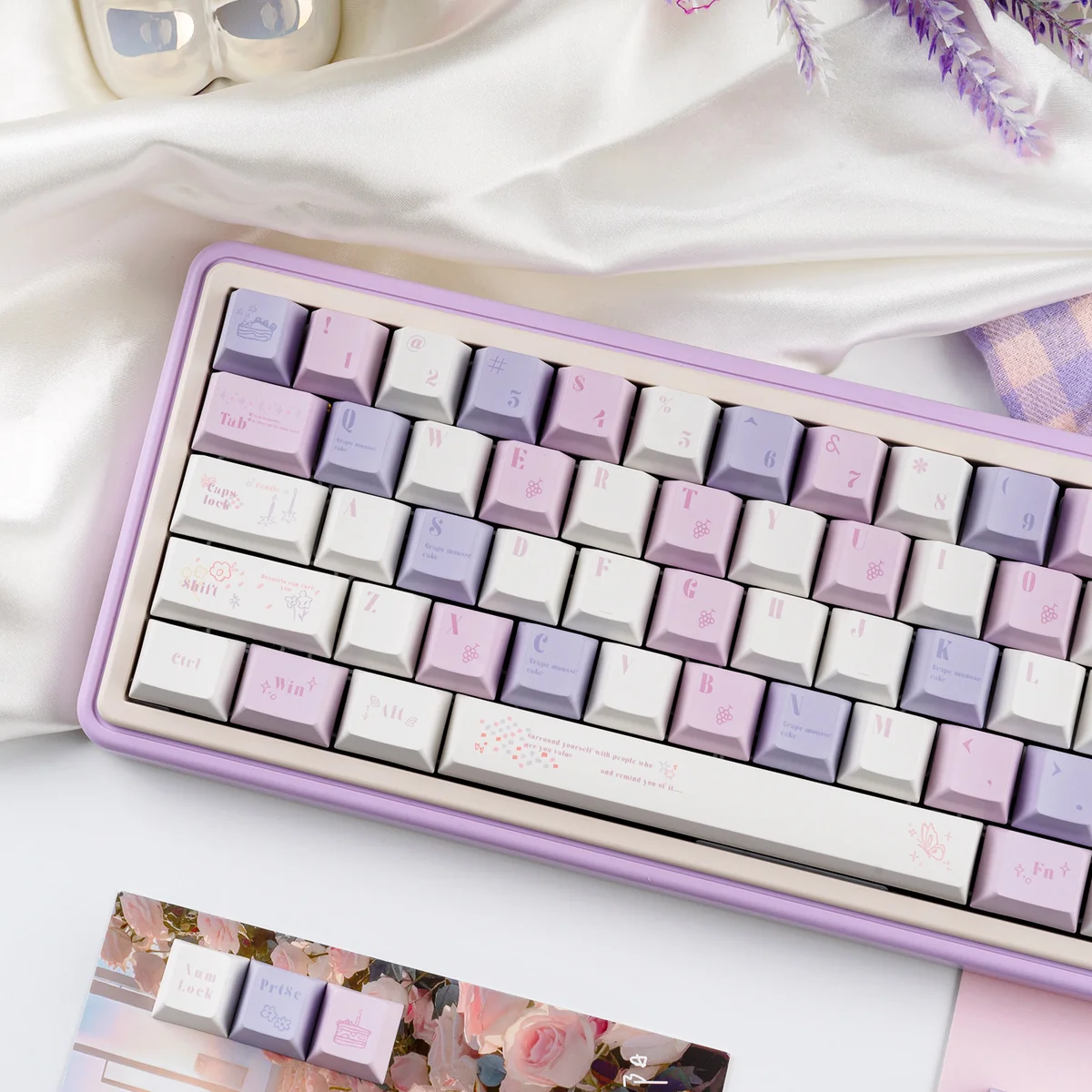Close-up of the indulgent Grape Mousse PBT Dye-Sub Keycap Set, showcasing its soft hues from multiple angles, evoking a luxurious design.
