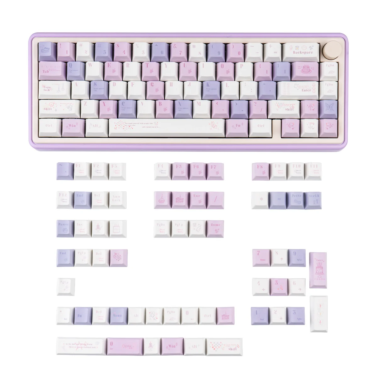Close-up of the indulgent Grape Mousse PBT Dye-Sub Keycap Set showcasing soft hues inspired by dessert, from a unique angle.