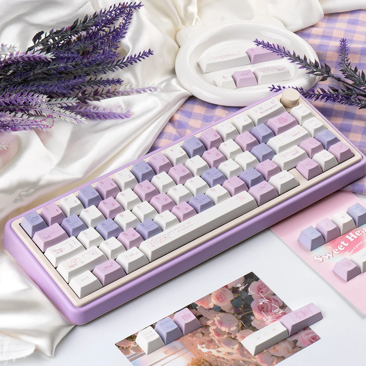 Indulgent Grape Mousse PBT Dye-Sub Keycap Set, showcasing soft hues inspired by a luxurious dessert. Premium visual delight.