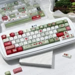 Vibrant green and red apple PBT keycaps set, showcasing a fresh, wholesome dye-sub design. Durable and playful for your mechanical keyboard.