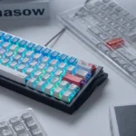 Close-up view of the premium RX-78-2 Gundam PBT shine-through keycap set, highlighting its iconic color scheme and futuristic mecha legends.