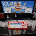 Iconic RX-78-2 Gundam PBT shine-through keycap set, displayed from multiple angles, highlighting its premium mecha colors and futuristic legends.