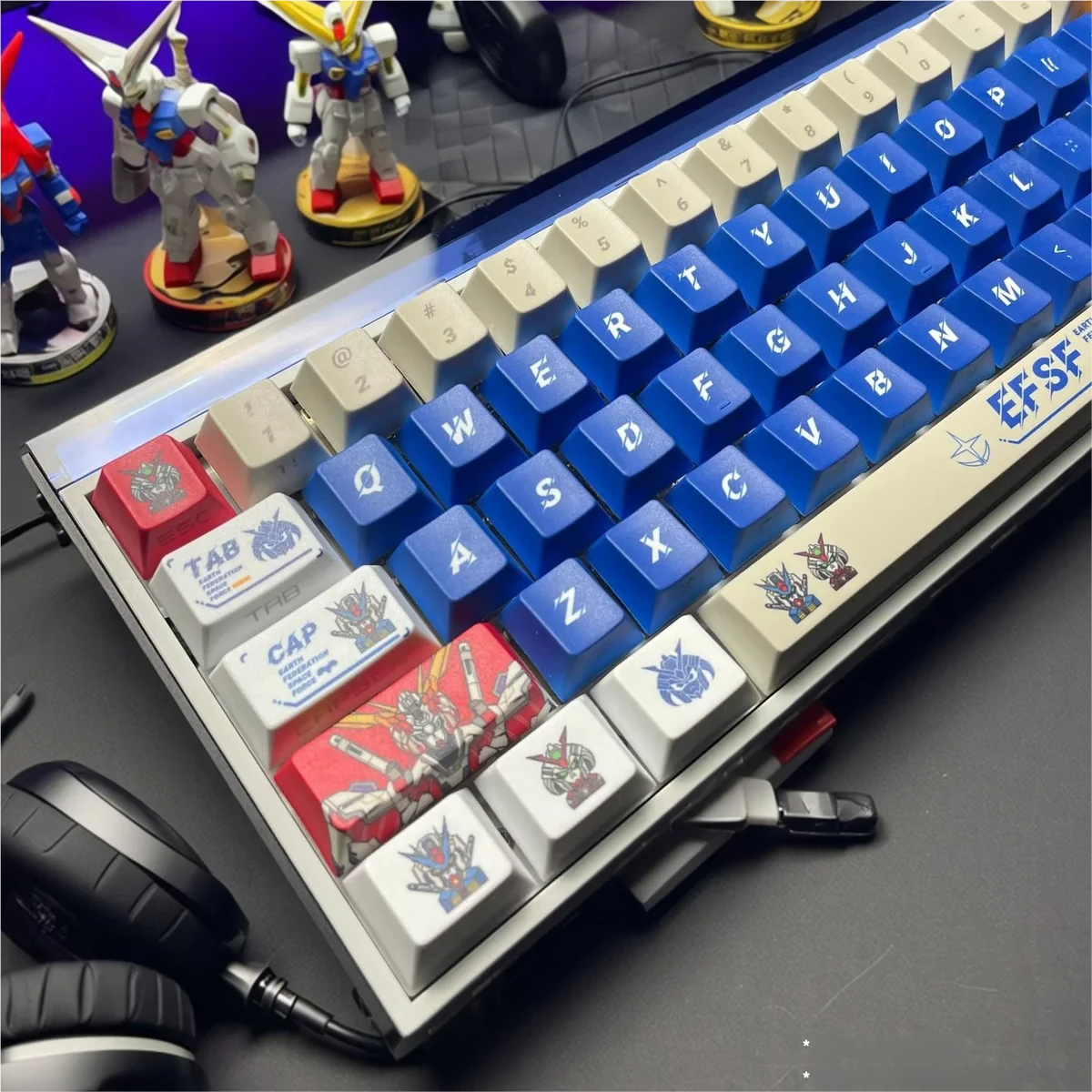 Gundam V2 PBT backlit keycap set for mechanical keyboards, featuring vibrant futuristic mecha designs. Durable PBT material shown from various angles.