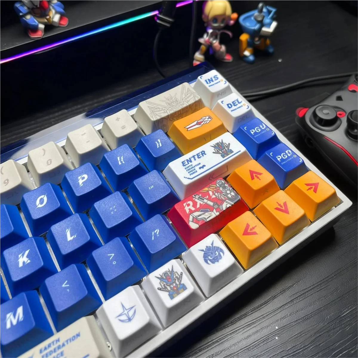 Premium Gundam V2 PBT backlit keycap set for mechanical keyboards, showcasing durable PBT material and vibrant, iconic mecha aesthetics from multiple angle.