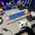 A gallery of iconic Gundam V2 PBT backlit keycaps set viewed from multiple angles, highlighting their durable finish and vibrant mecha-inspired designs.